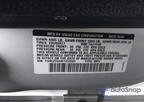 2006 Volvo Xc90 2.5T из США, поврежденный, VIN YV4CZ592461297603